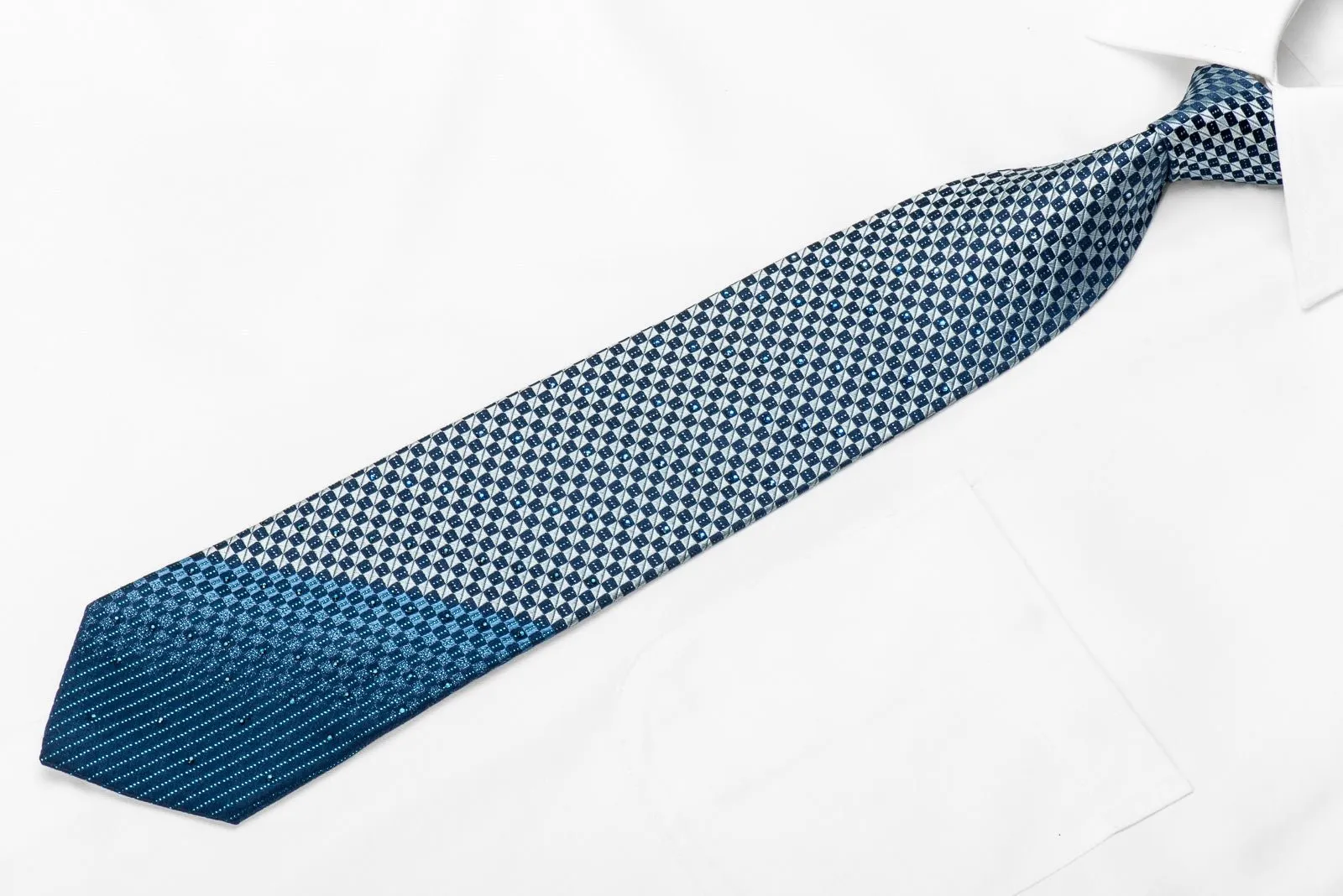 Elle Homme Mens Mens Crystal Silk Tie Blue Checkered With Silver Sparkles