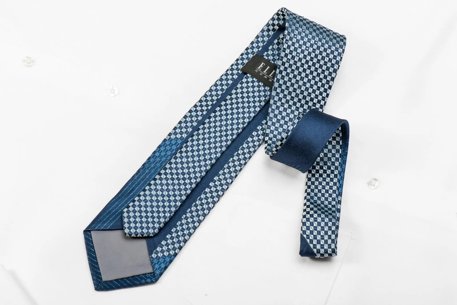 Elle Homme Mens Mens Crystal Silk Tie Blue Checkered With Silver Sparkles