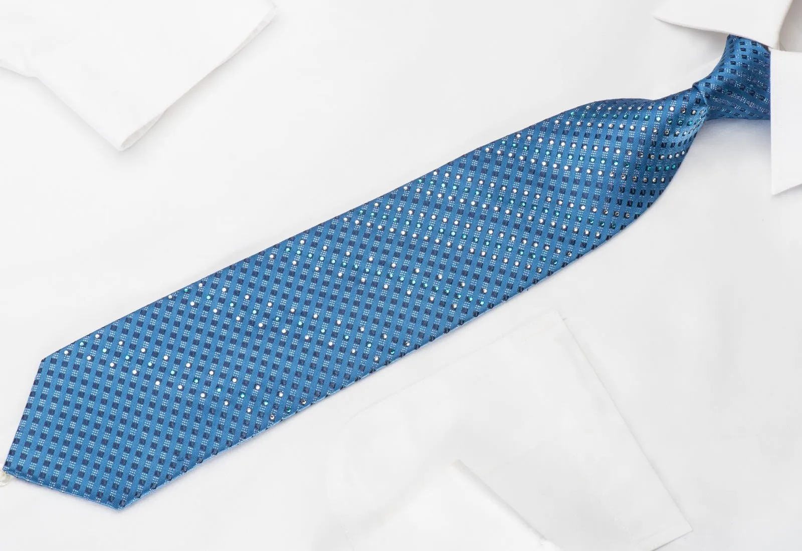 Elle Homme Rhinestone Necktie Checkered On Blue With Silver Sparkles