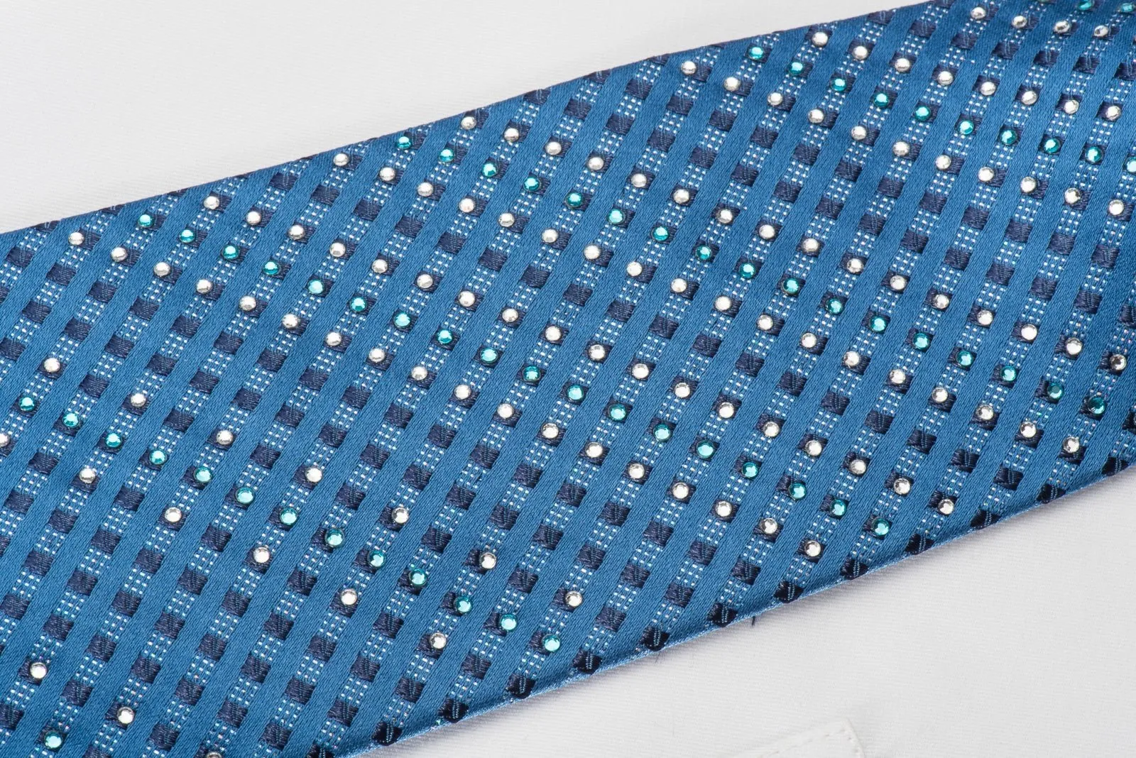 Elle Homme Rhinestone Necktie Checkered On Blue With Silver Sparkles