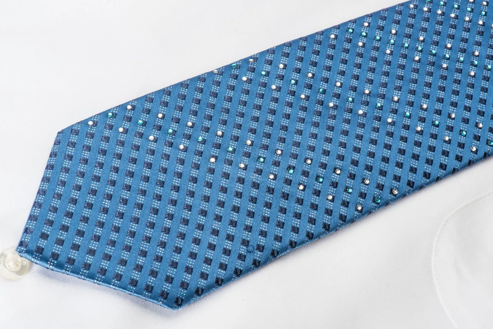 Elle Homme Rhinestone Necktie Checkered On Blue With Silver Sparkles