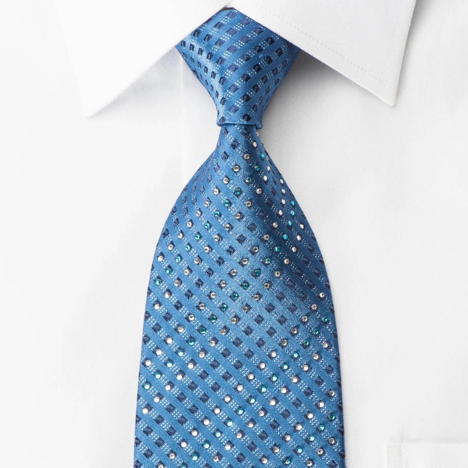 Elle Homme Rhinestone Necktie Checkered On Blue With Silver Sparkles