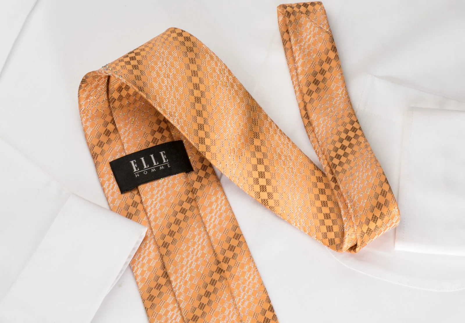 Elle Homme Rhinestone Silk Necktie Silver Checkered On Orange With Silver Sparkles