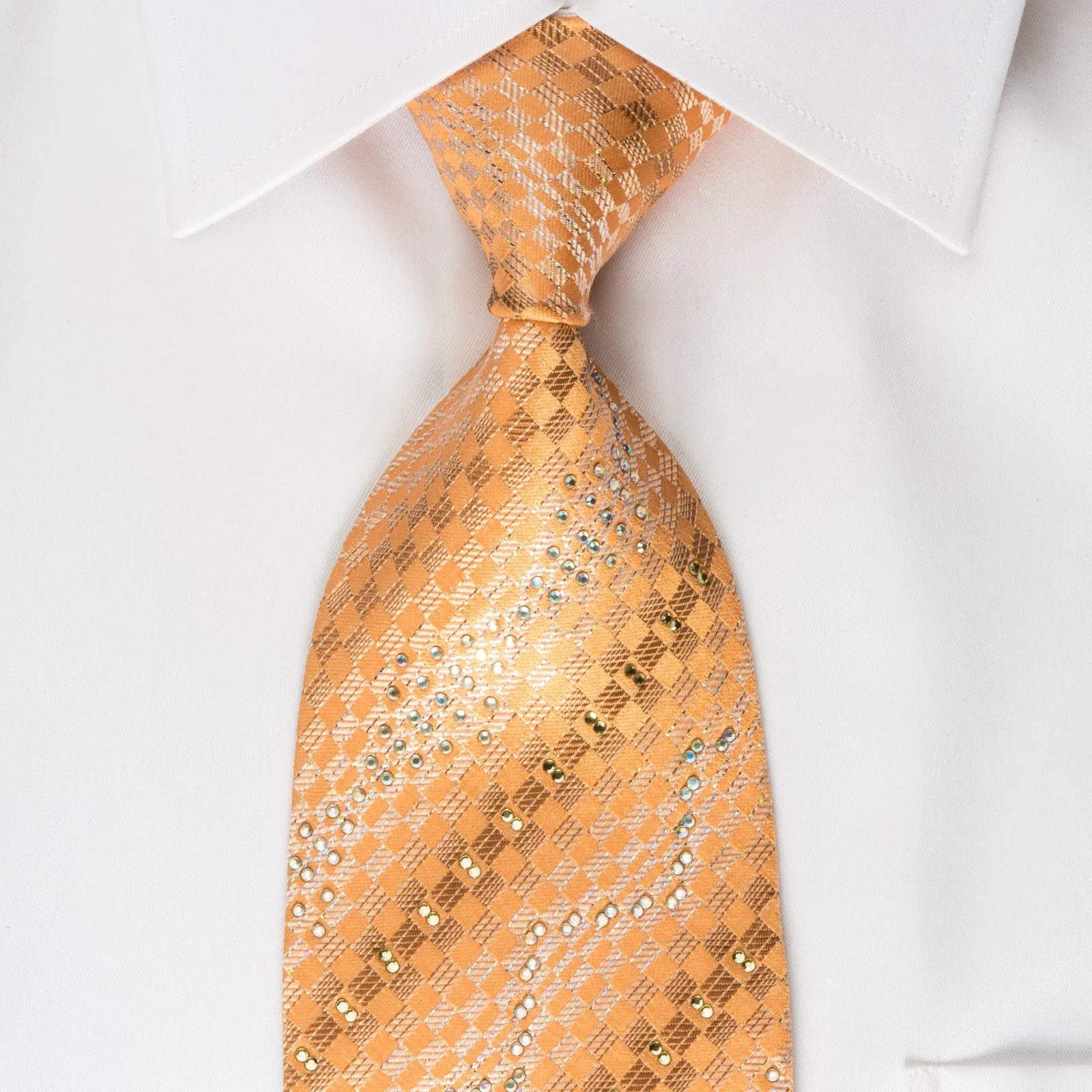 Elle Homme Rhinestone Silk Necktie Silver Checkered On Orange With Silver Sparkles