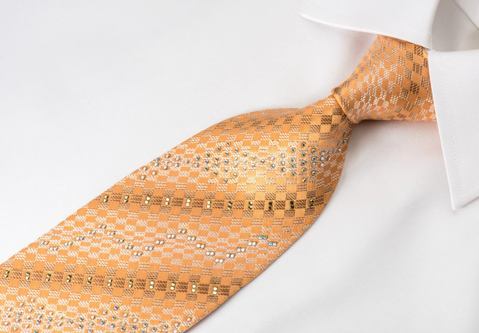 Elle Homme Rhinestone Silk Necktie Silver Checkered On Orange With Silver Sparkles