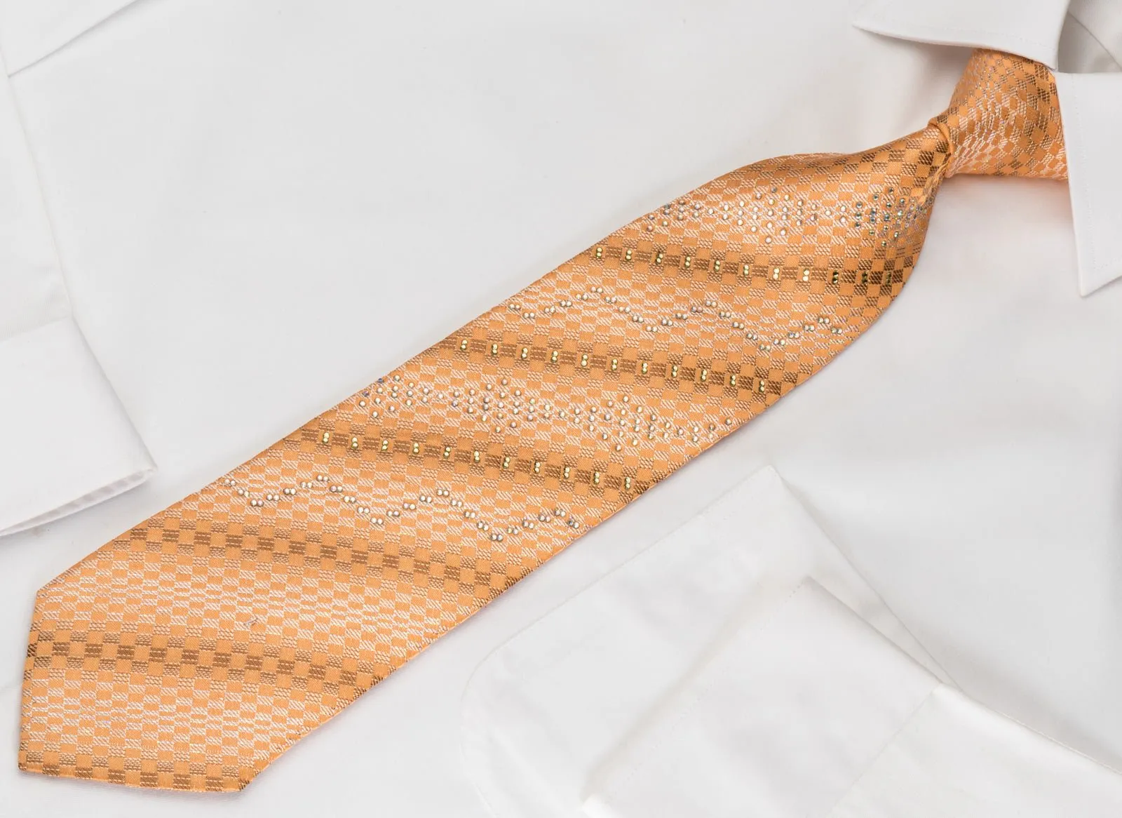 Elle Homme Rhinestone Silk Necktie Silver Checkered On Orange With Silver Sparkles