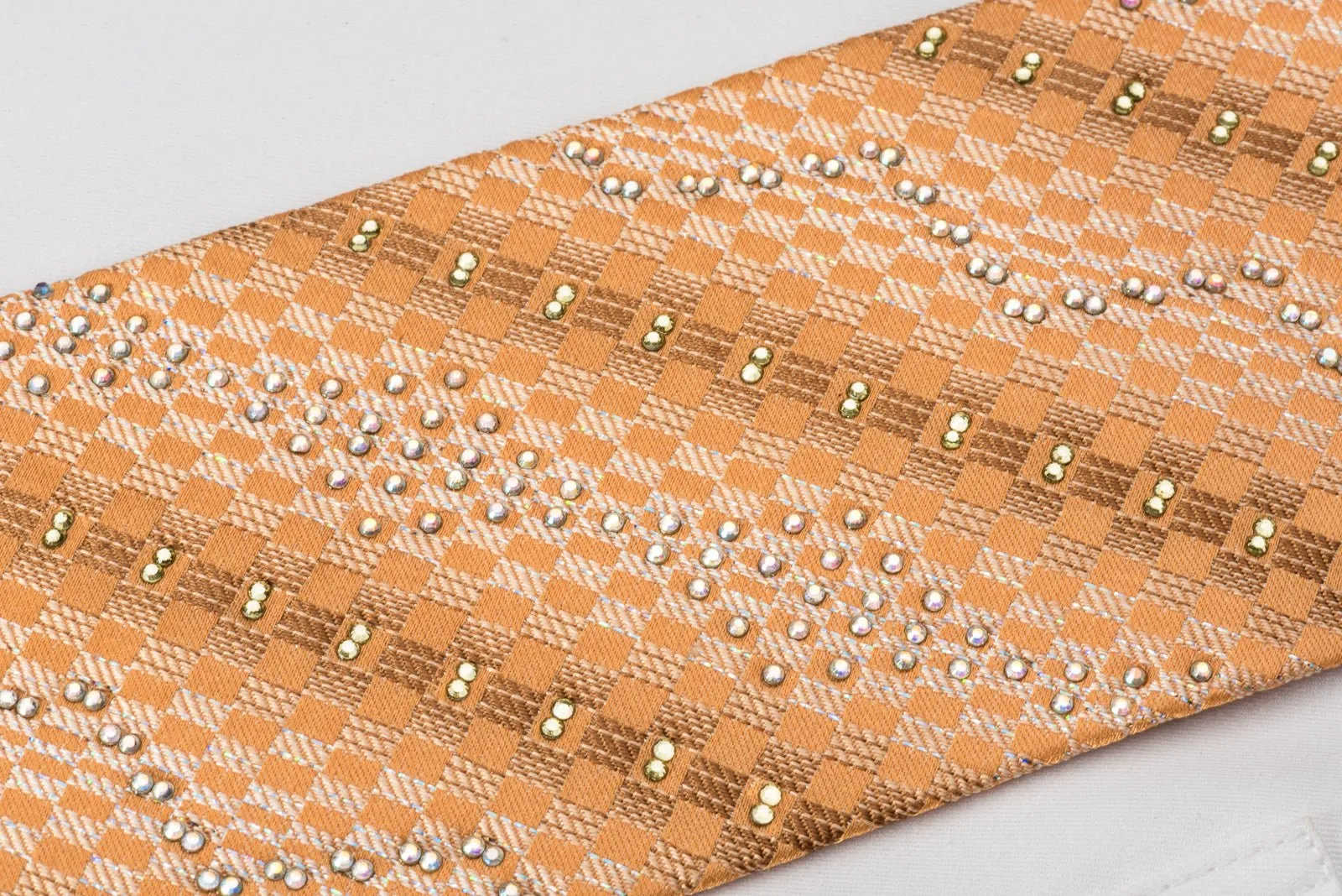 Elle Homme Rhinestone Silk Necktie Silver Checkered On Orange With Silver Sparkles