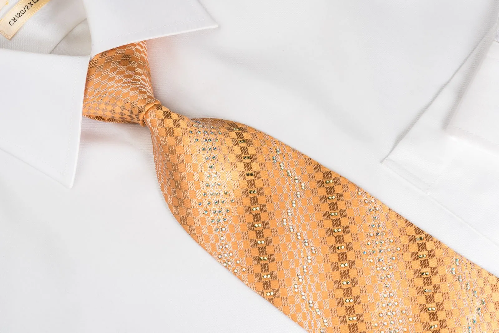 Elle Homme Rhinestone Silk Necktie Silver Checkered On Orange With Silver Sparkles