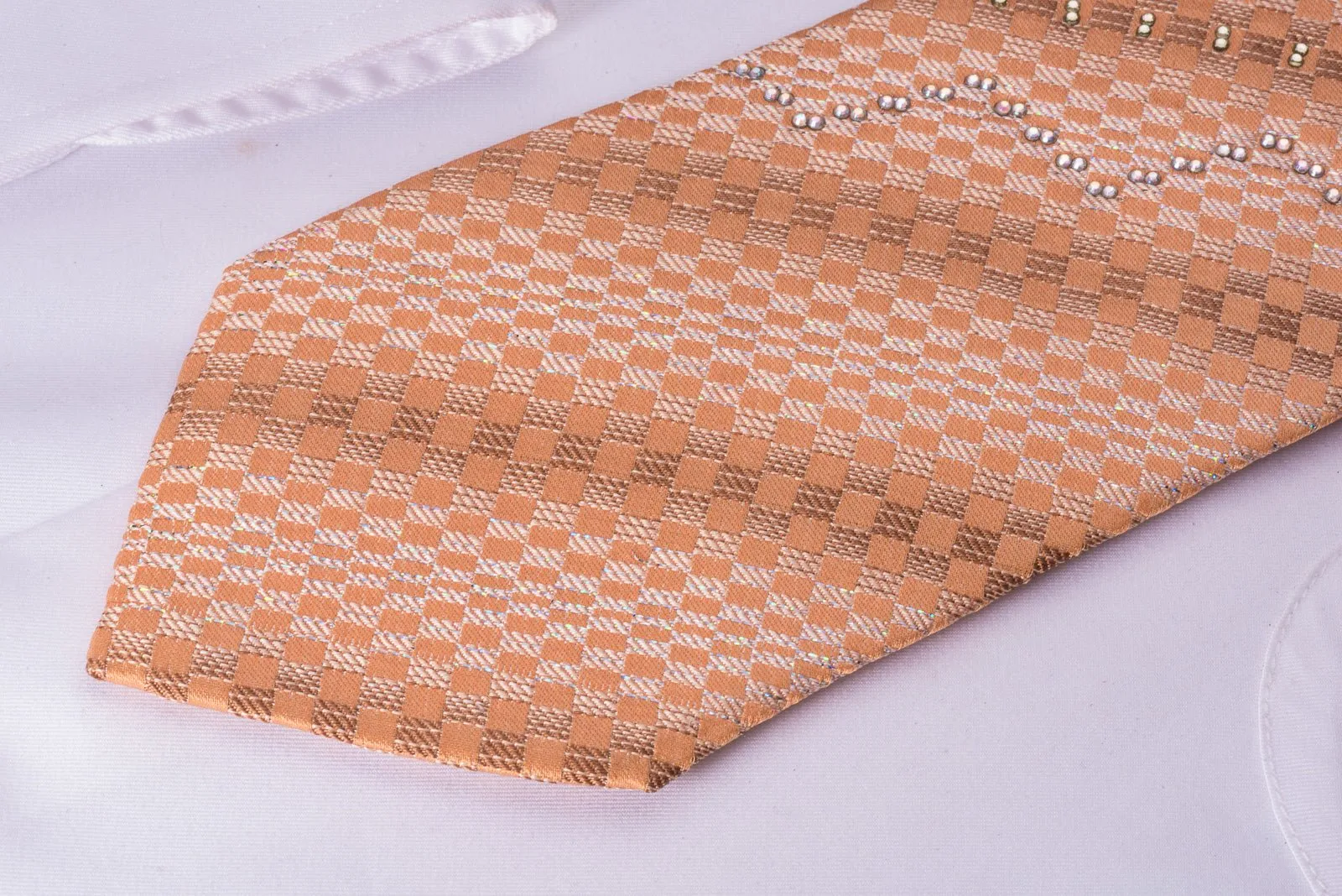 Elle Homme Rhinestone Silk Necktie Silver Checkered On Orange With Silver Sparkles