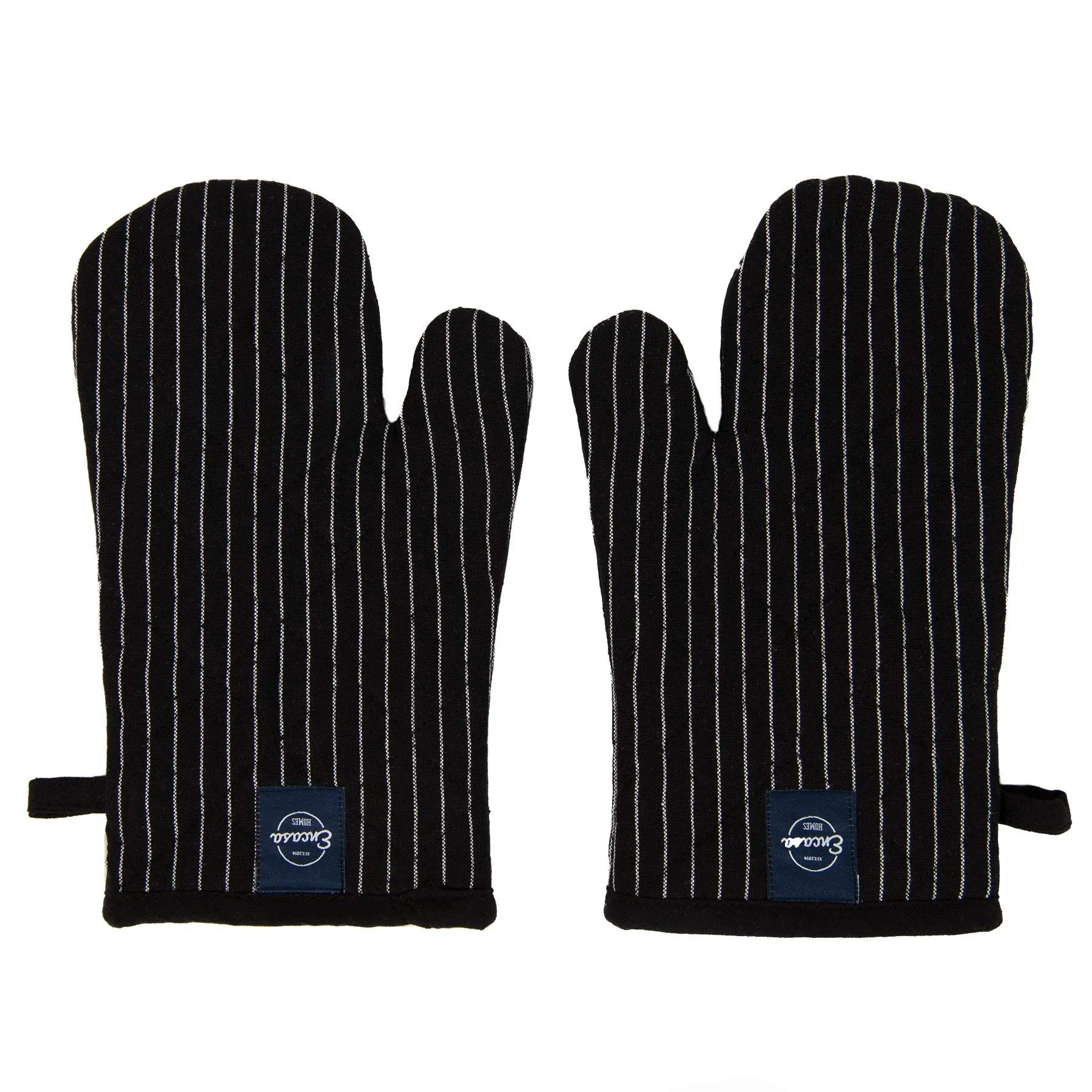 Encasa Oven Gloves for Microwave (2 pc Set) - Heat Proof, Thick & Safe | Longer 17x29 cm Mittens for Protection in Kitchen Cooking & Baking - Butcher Stripes Black