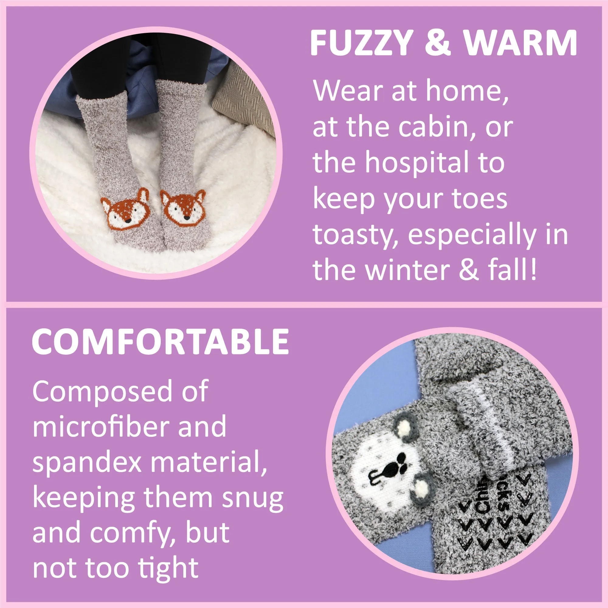 Fuzzy Cozy Microfiber Animal Socks - 6 Pairs Assortments