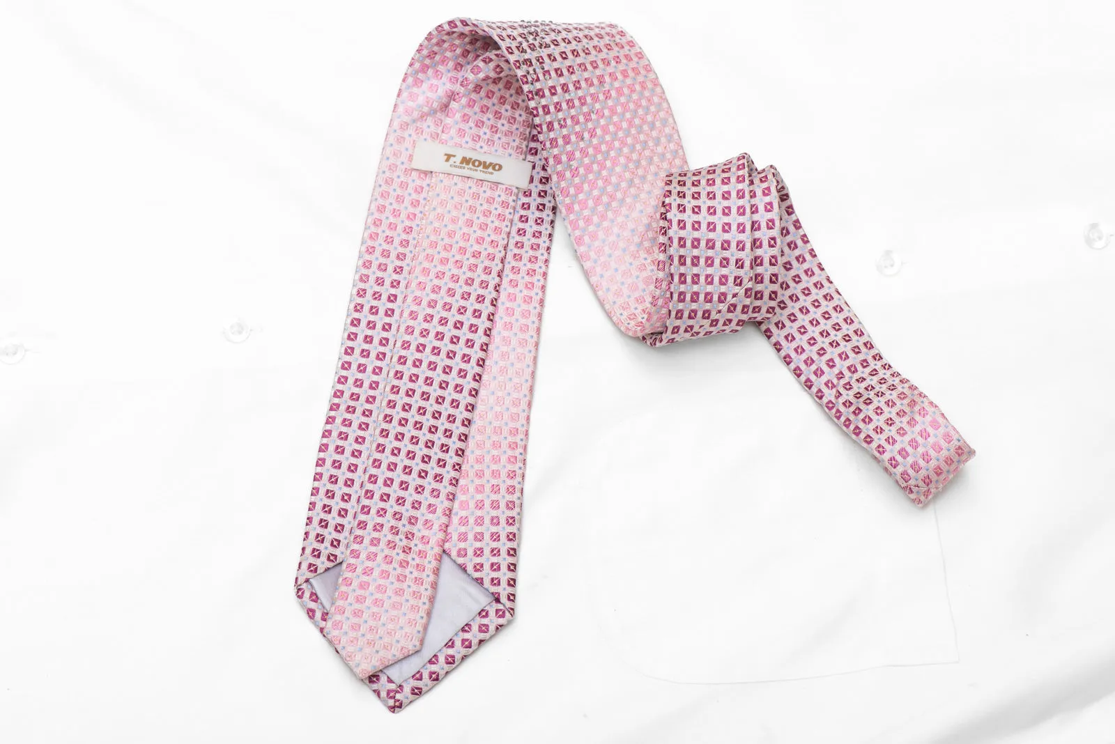 Geometric Squares On Pink Rhinestone Silk Necktie With Silver Sparkles