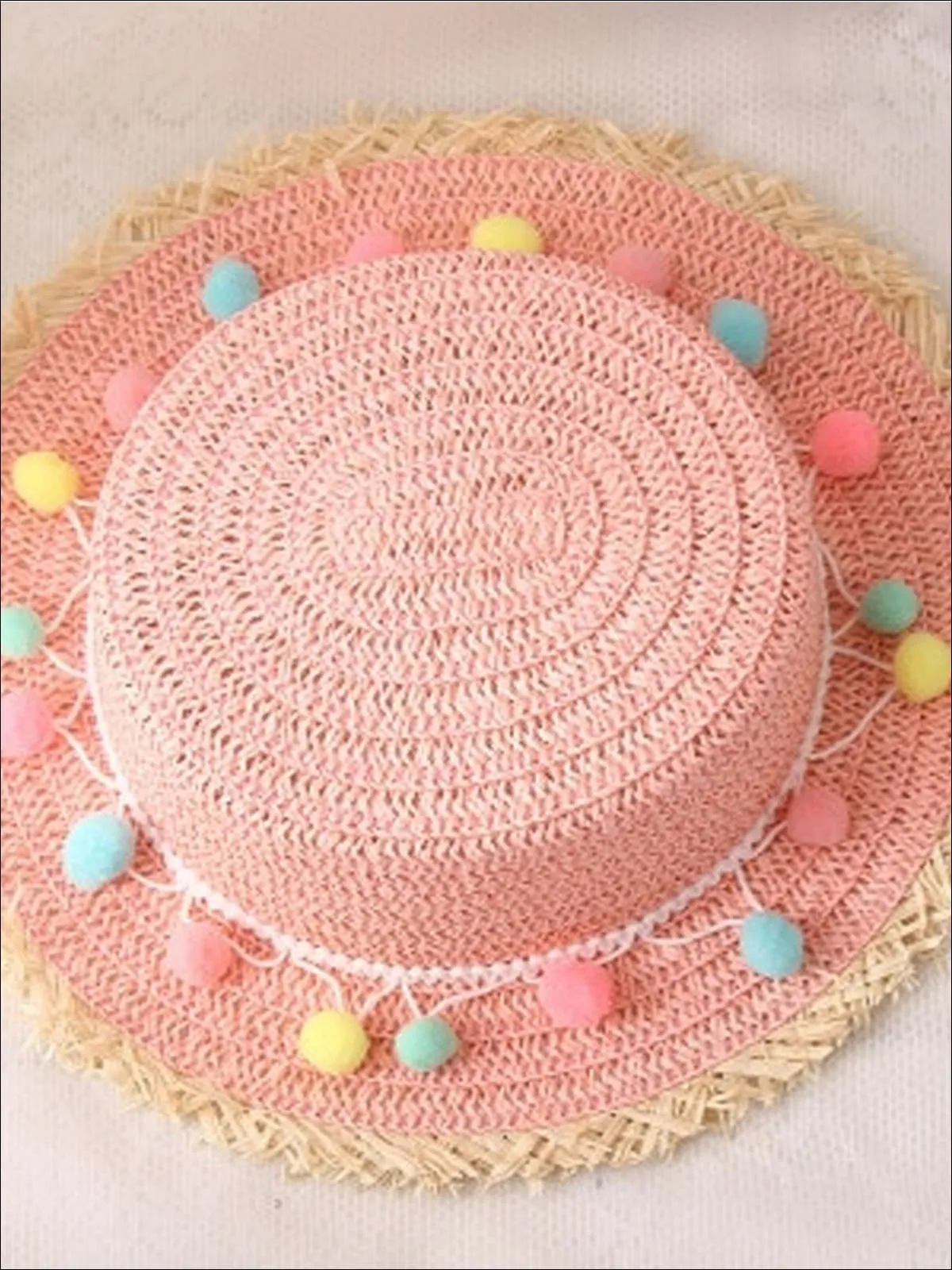 Girls Frayed Edge Pom Pom Straw Hat