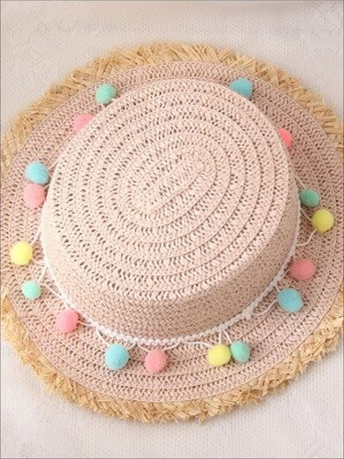 Girls Frayed Edge Pom Pom Straw Hat