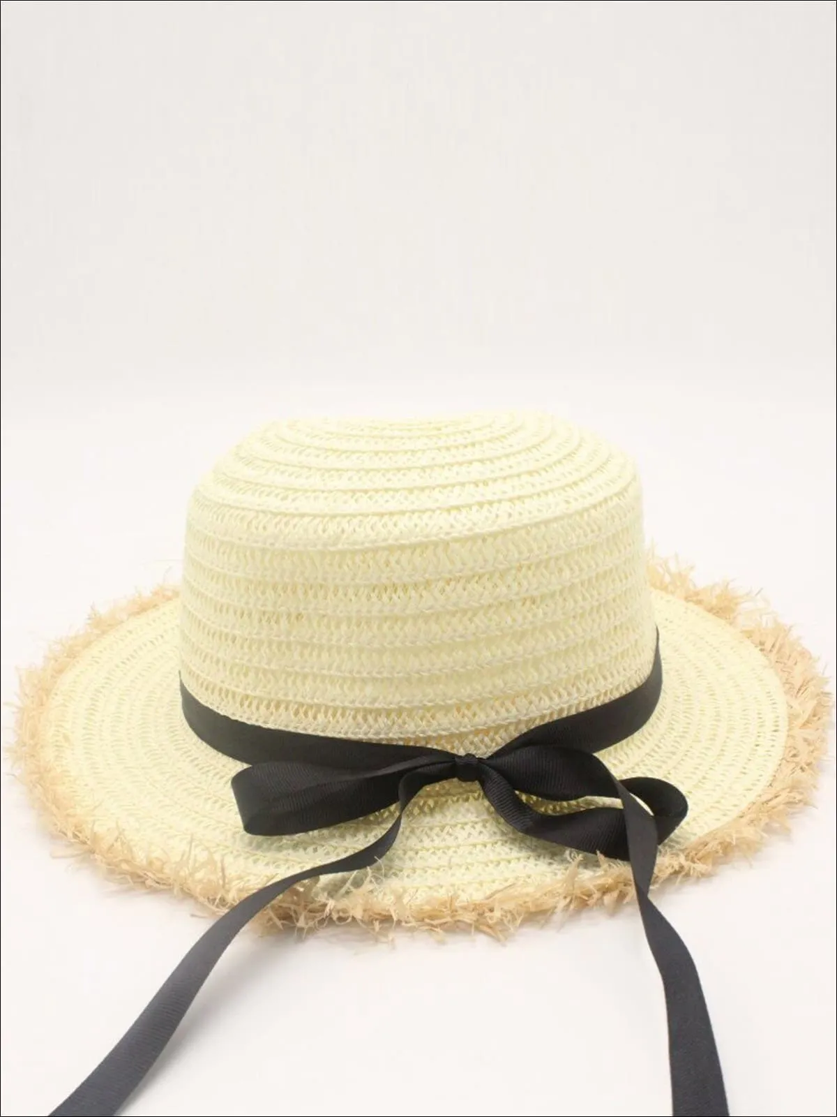 Girls Frayed Edge Straw Hat With Long Ribbon and Bow