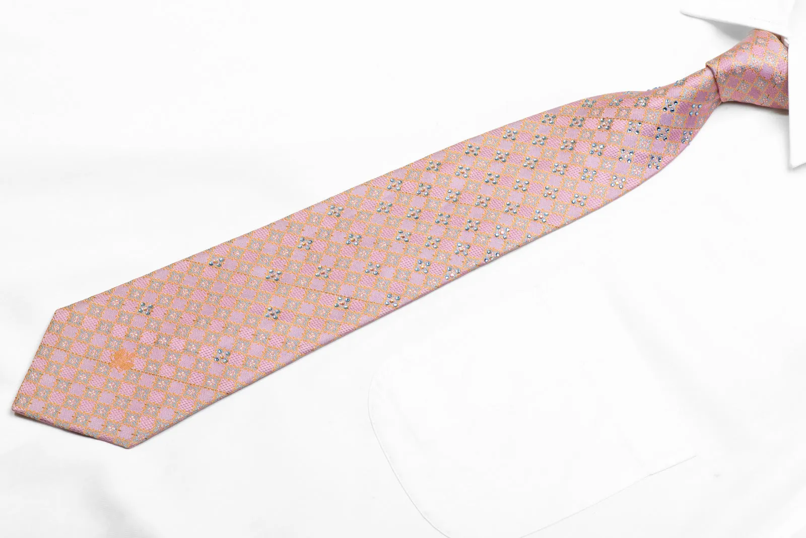 Gold Cartouche On Mauve Rhinestone Silk Necktie With Silver Sparkles