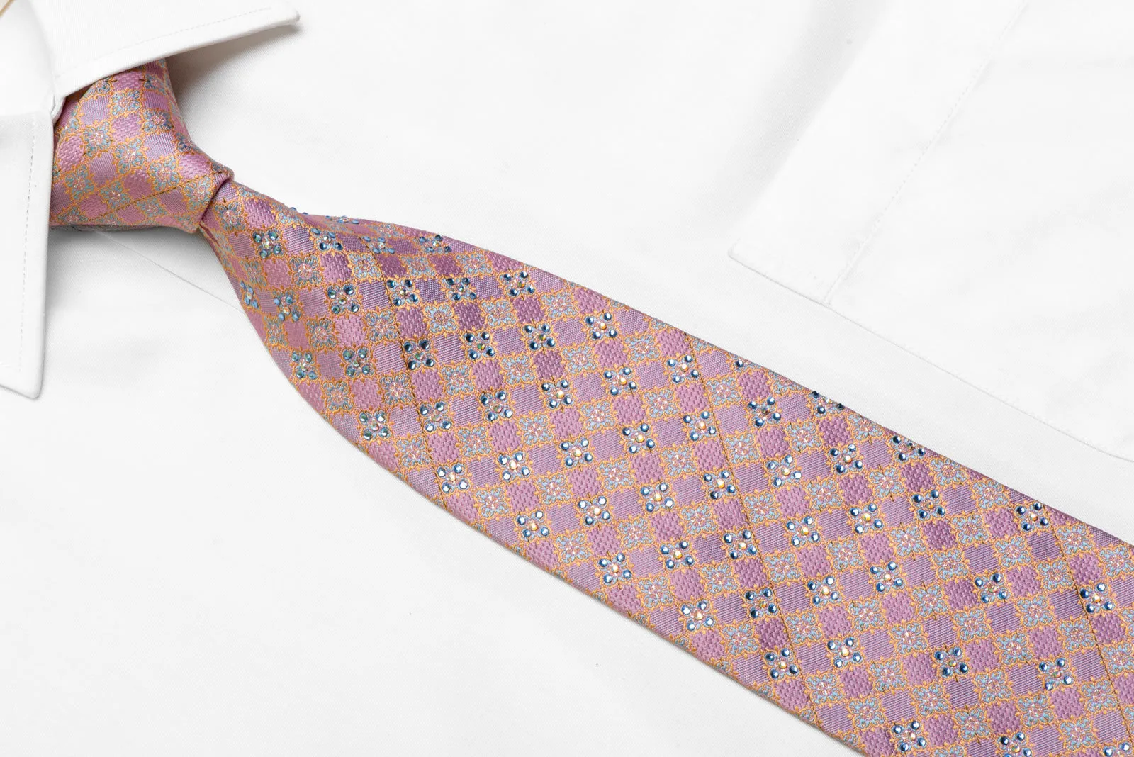 Gold Cartouche On Mauve Rhinestone Silk Necktie With Silver Sparkles