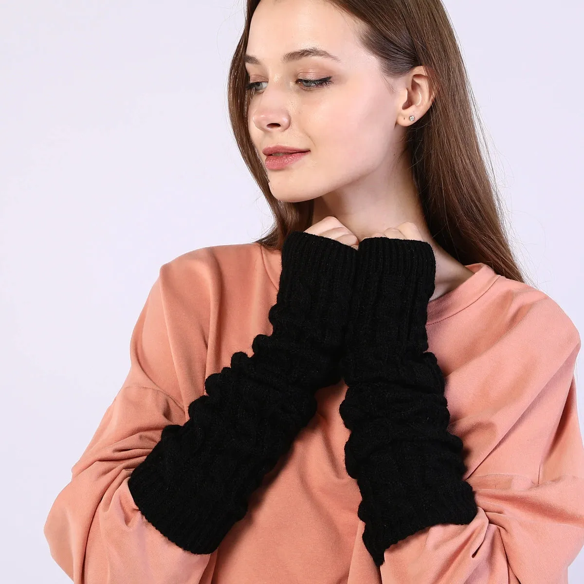 Half-Finger Woolen Gloves with Long Figure-8 Twist Knitting