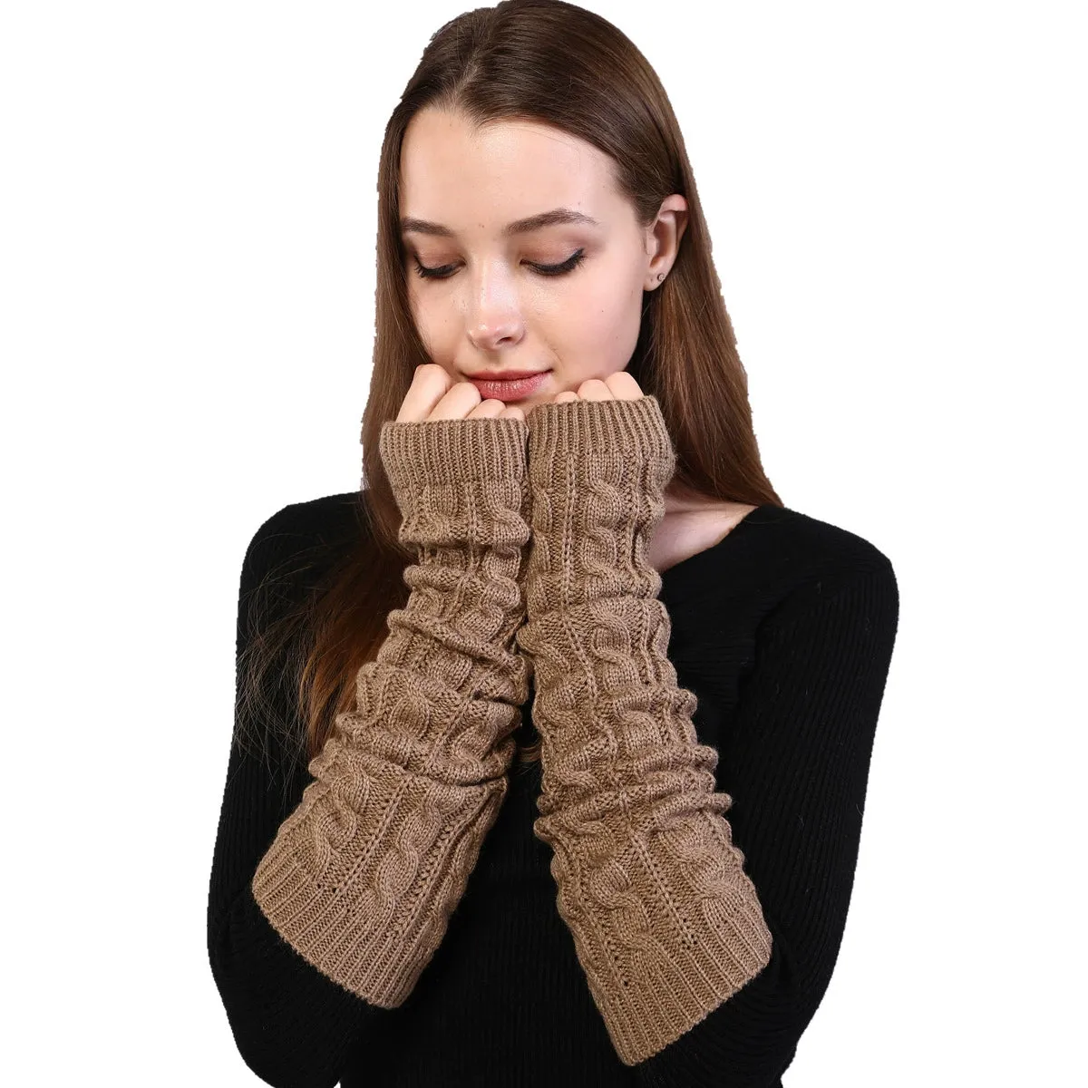 Half-Finger Woolen Gloves with Long Figure-8 Twist Knitting