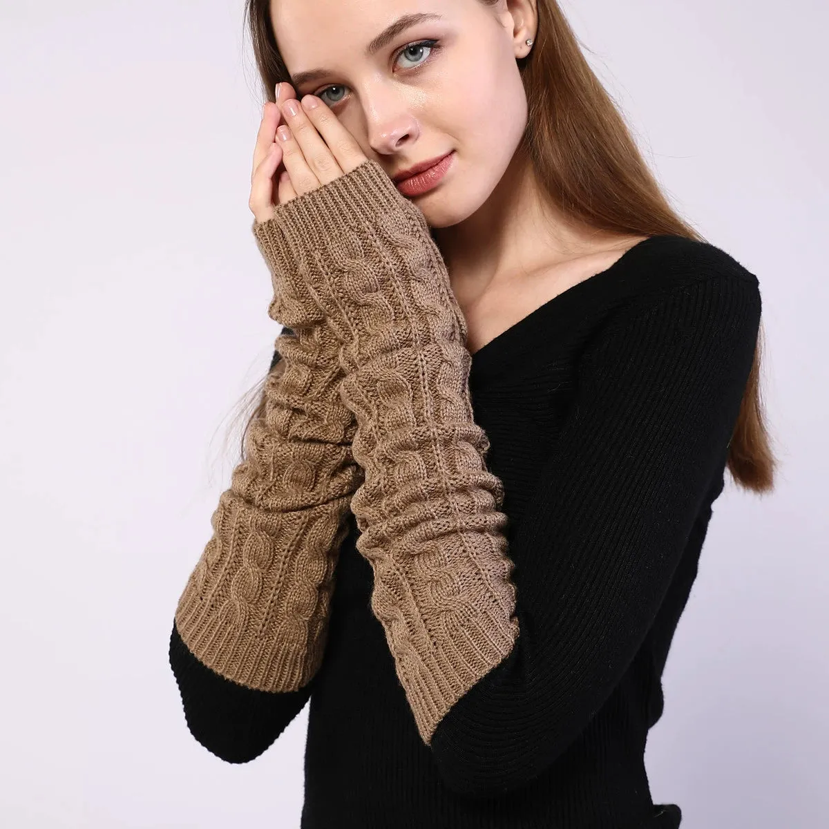 Half-Finger Woolen Gloves with Long Figure-8 Twist Knitting