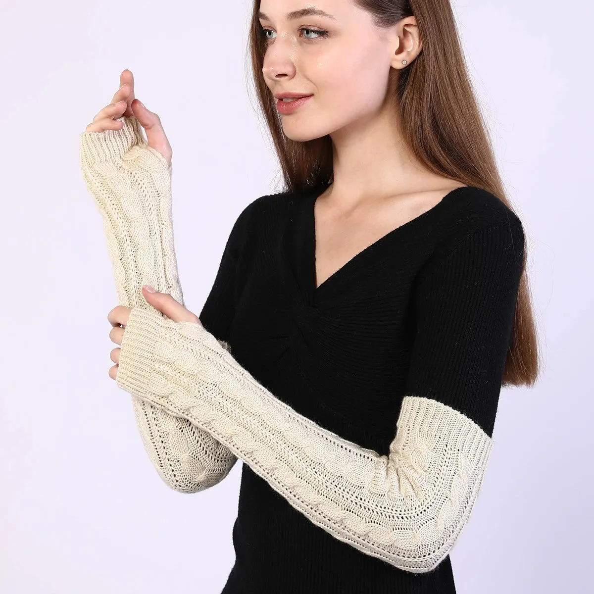 Half-Finger Woolen Gloves with Long Figure-8 Twist Knitting