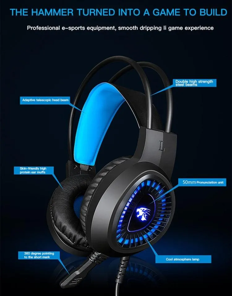 HAMTOD V1000 Pro Gaming Headset with Dual 3.5mm Connectors, Built-in Microphone & LED Lighting - 2.1m Cable Length