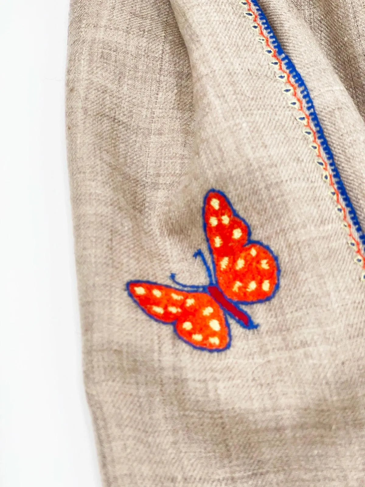 Handwoven 100% Pashmina - BROWN WITH BUTTERFLY EMBROIDERY