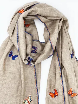 Handwoven 100% Pashmina - BROWN WITH BUTTERFLY EMBROIDERY