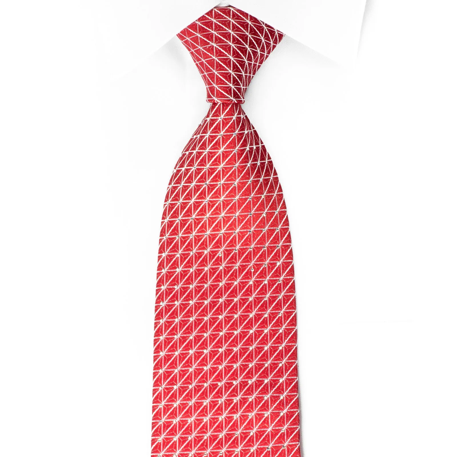 Indian Leaders Rhinestone Necktie Silver Trellis On Red With Silver Sparkles