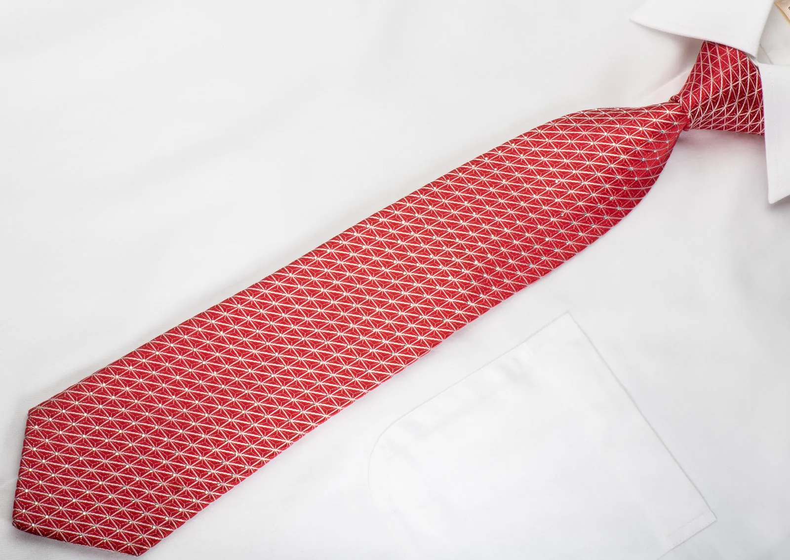 Indian Leaders Rhinestone Necktie Silver Trellis On Red With Silver Sparkles