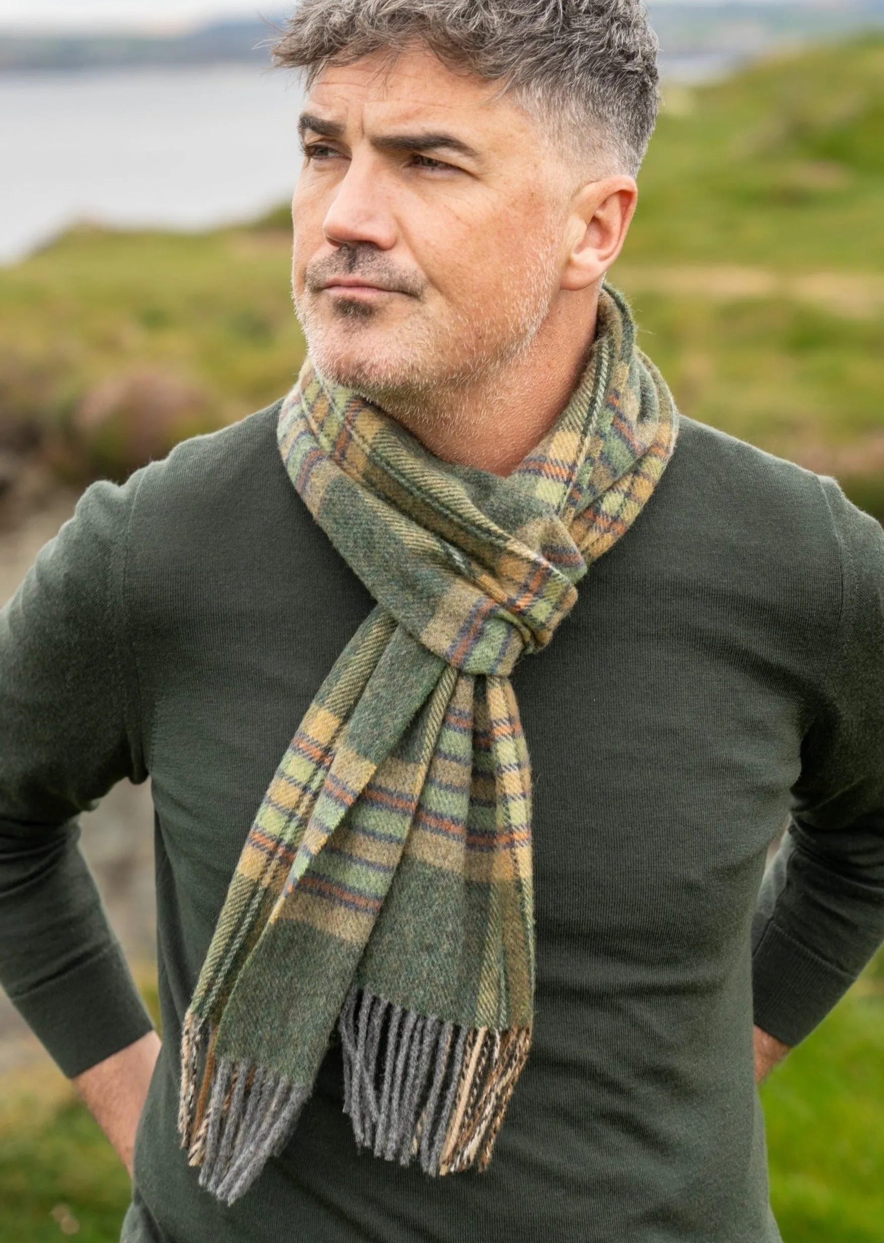 John Hanly Lambswool Scarf | Green Mint Mustard