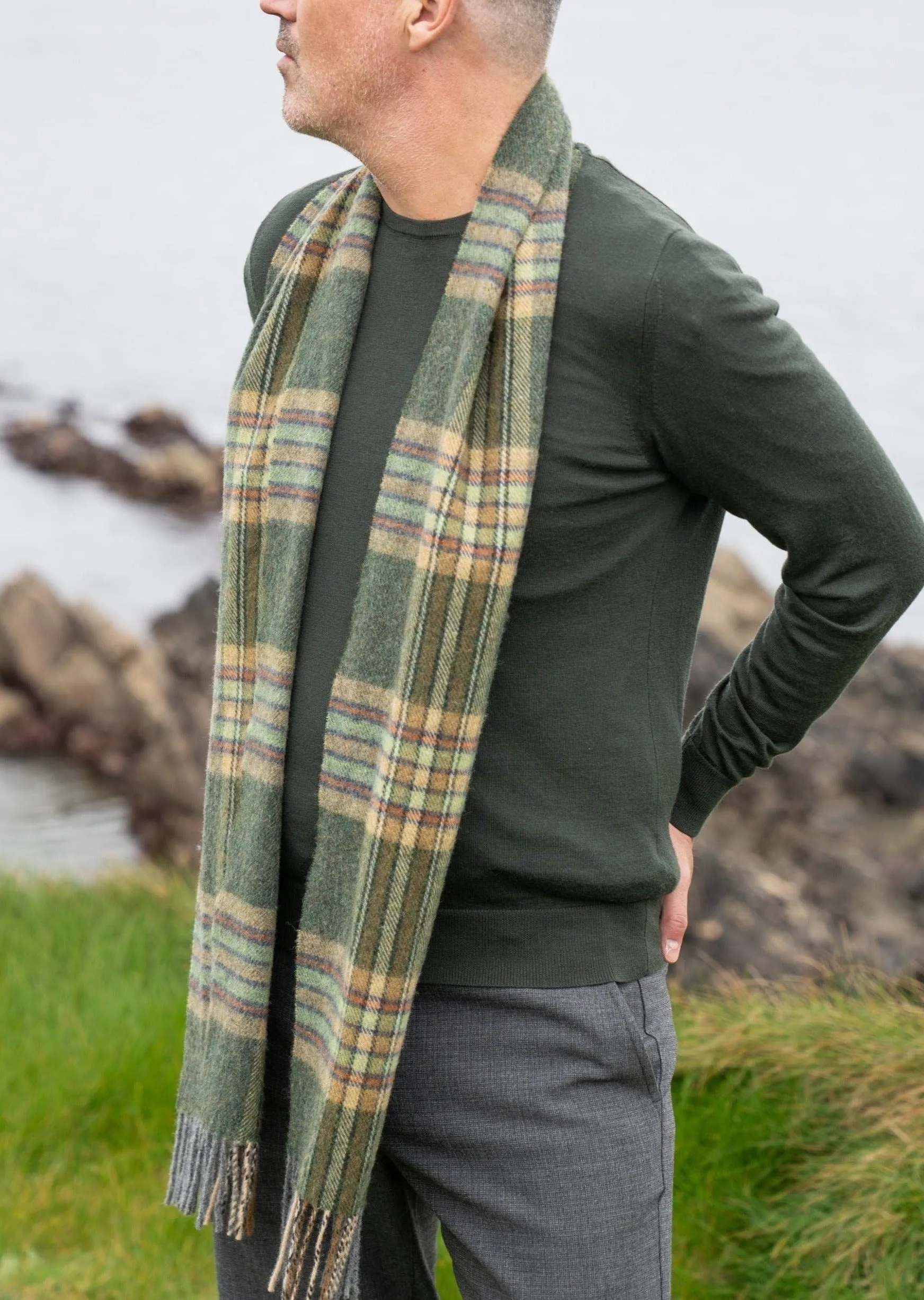 John Hanly Lambswool Scarf | Green Mint Mustard