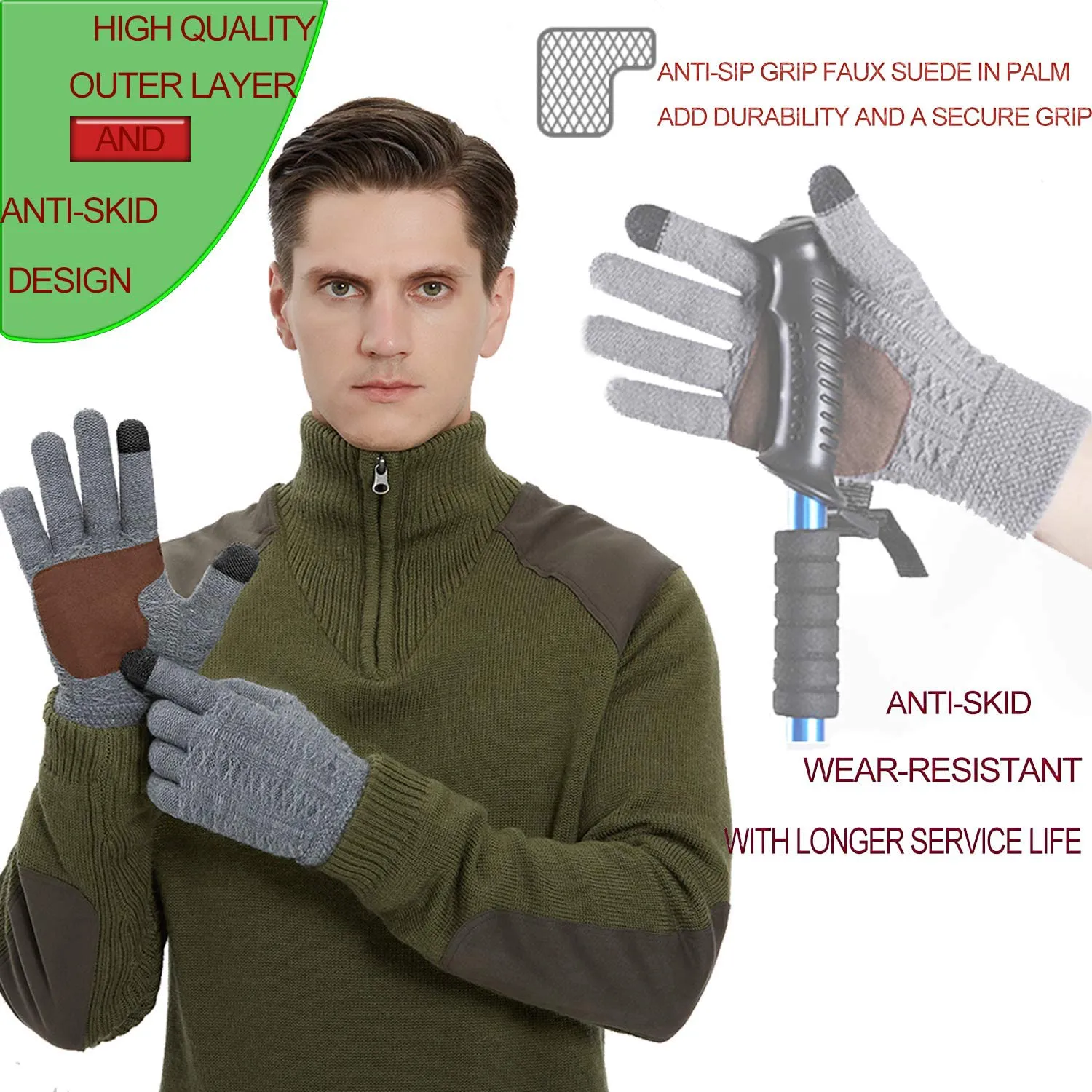 Knit Gloves for Men Warm Thermal Fleece Gloves Driving Motorcycle Cycling Gloves Winter