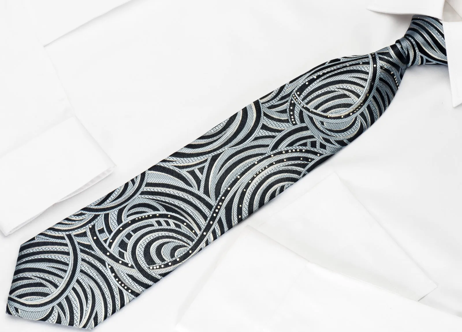 Lancetti Silk Rhinestone Necktie Silver Blue Scrolls On Black With Silver Sparkles