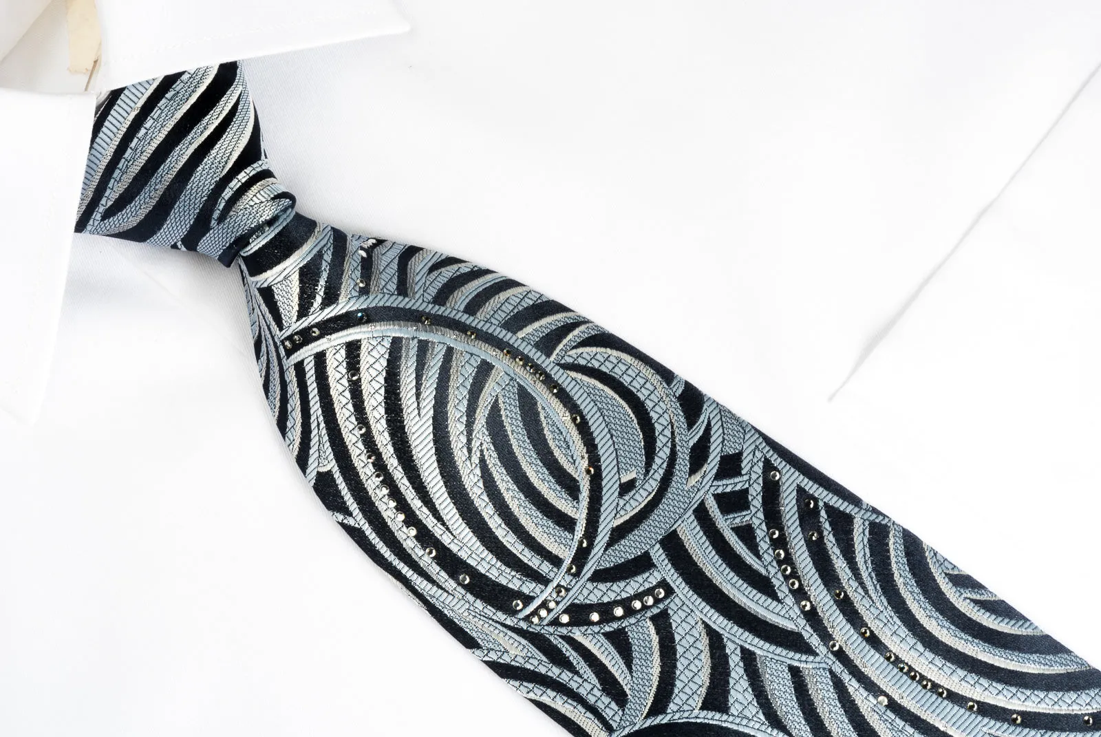 Lancetti Silk Rhinestone Necktie Silver Blue Scrolls On Black With Silver Sparkles