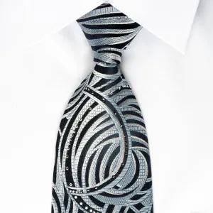 Lancetti Silk Rhinestone Necktie Silver Blue Scrolls On Black With Silver Sparkles