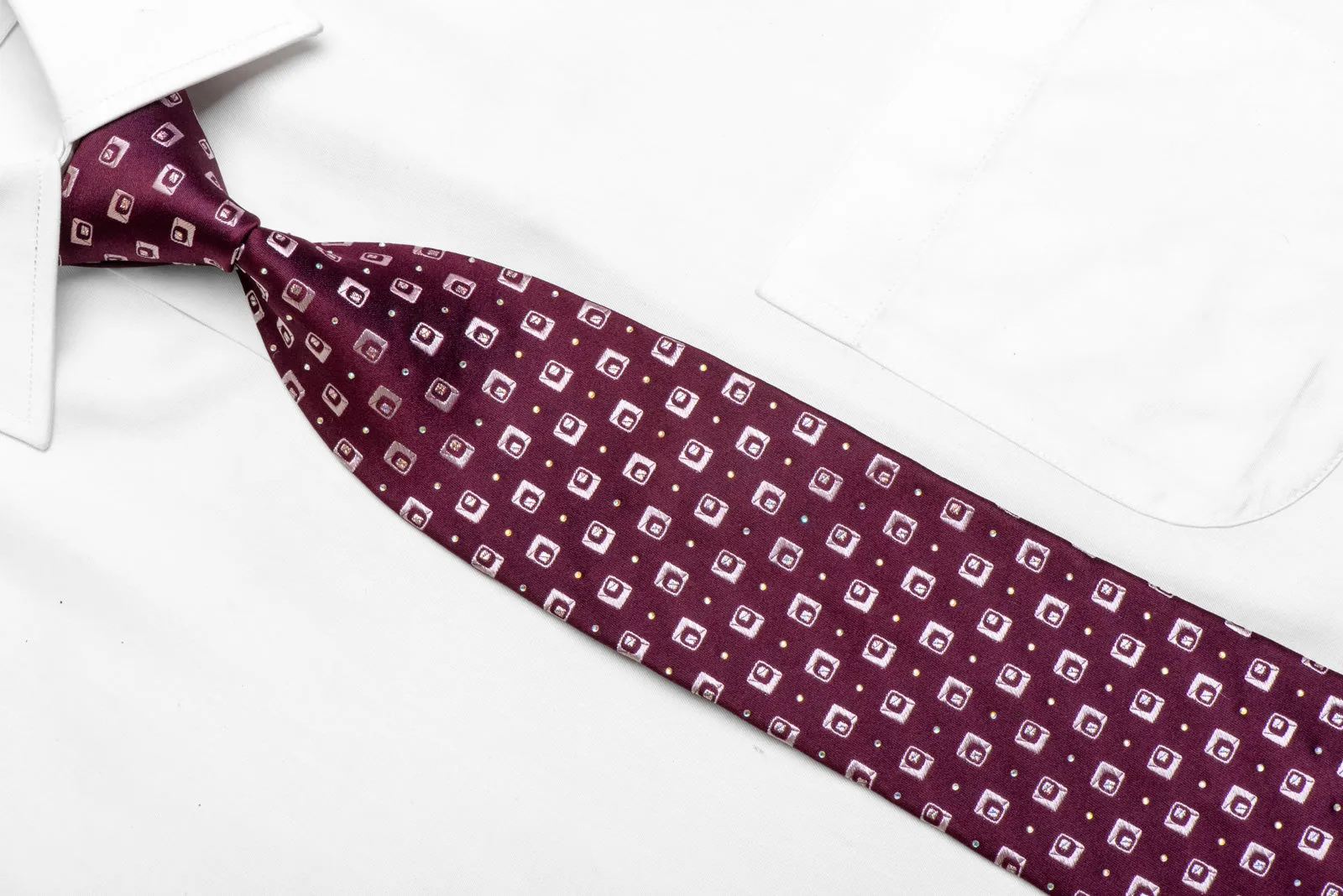 Mauve Geometric On Burgundy Rhinestone Necktie With Silver Sparkles