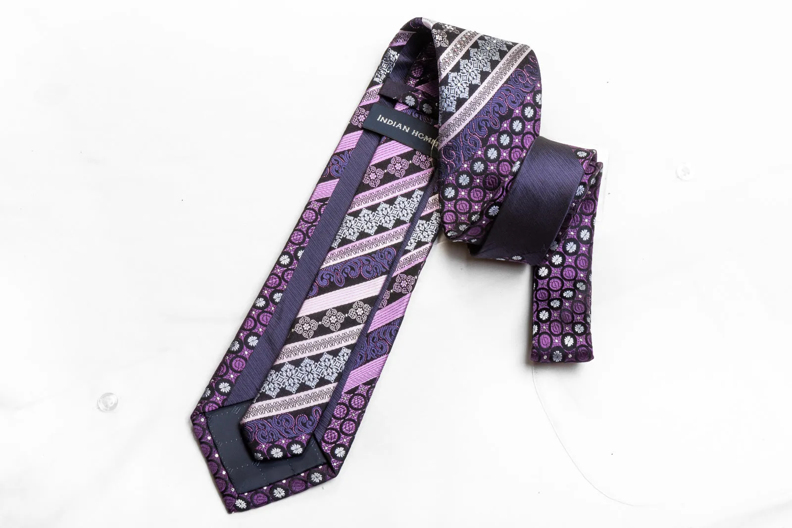 Men's Crystal Rhinestone Necktie Purple Stripes On Navy With Sparkles