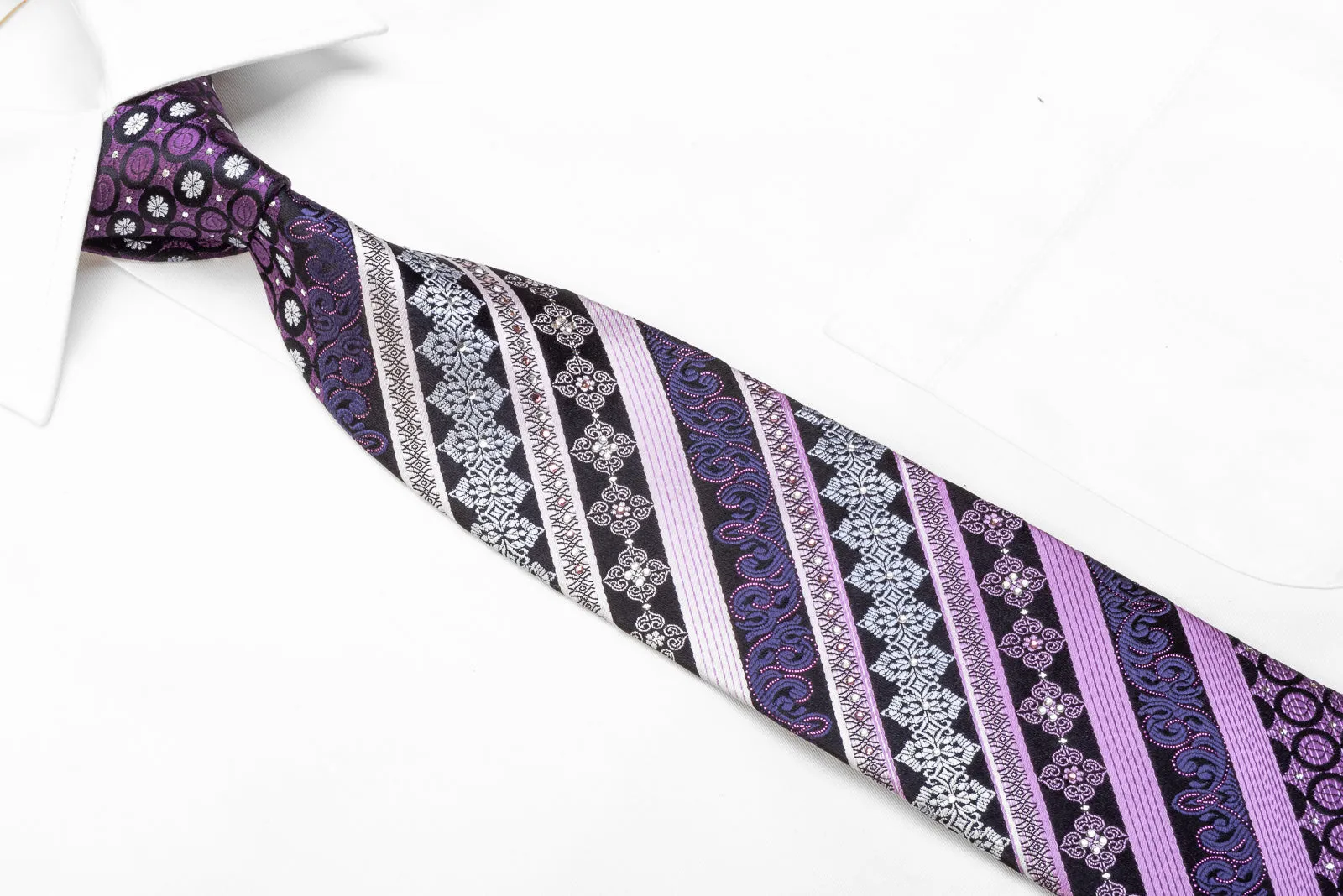 Men's Crystal Rhinestone Necktie Purple Stripes On Navy With Sparkles