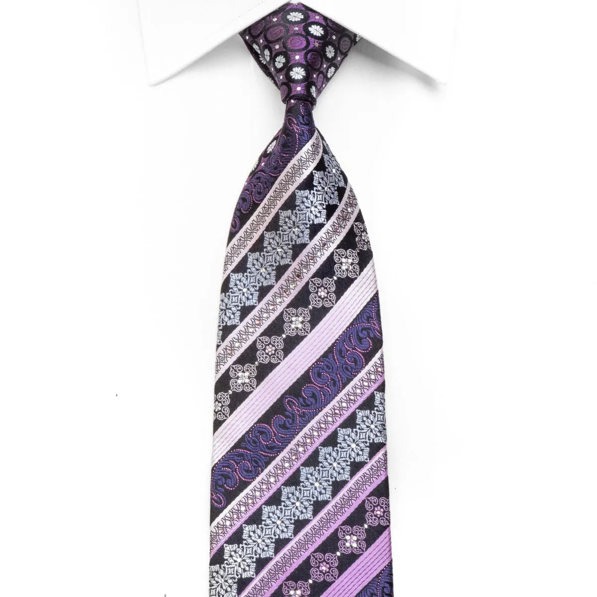 Men's Crystal Rhinestone Necktie Purple Stripes On Navy With Sparkles