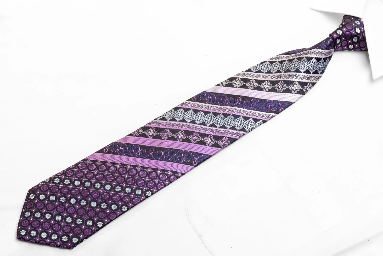 Men's Crystal Rhinestone Necktie Purple Stripes On Navy With Sparkles