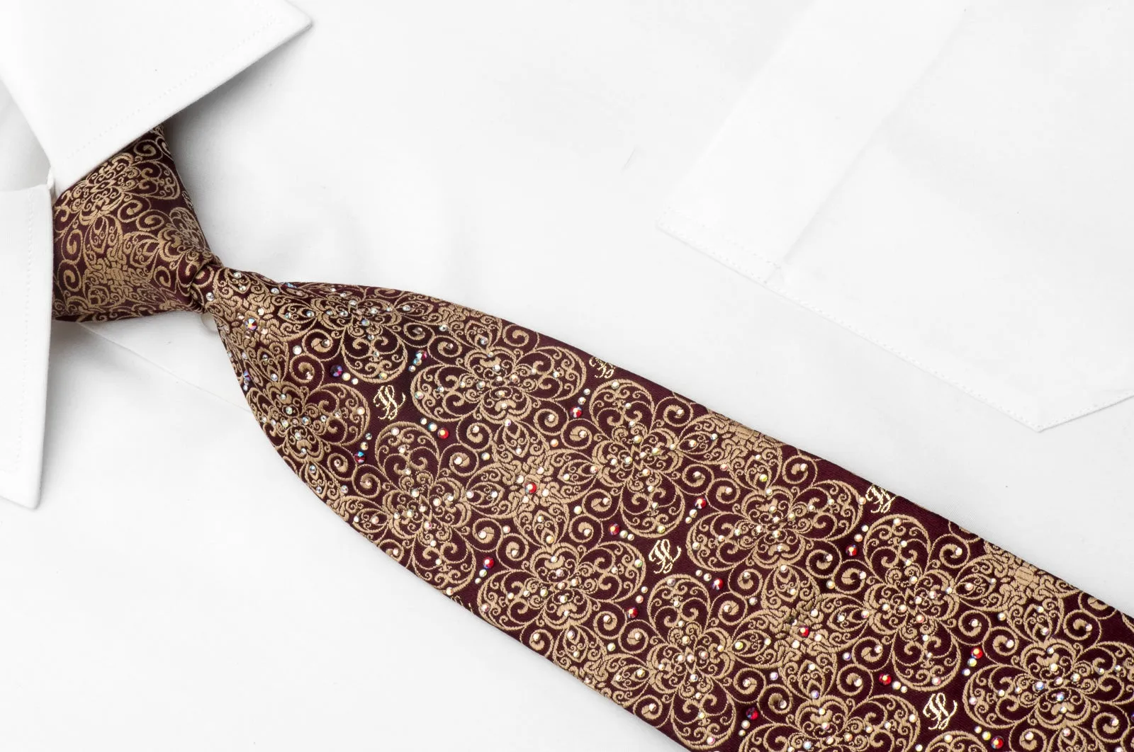 Men's Silk Tie Golden Filigree On Burgundy Sparkling With Rhinestones