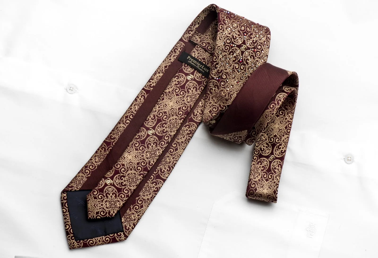 Men's Silk Tie Golden Filigree On Burgundy Sparkling With Rhinestones