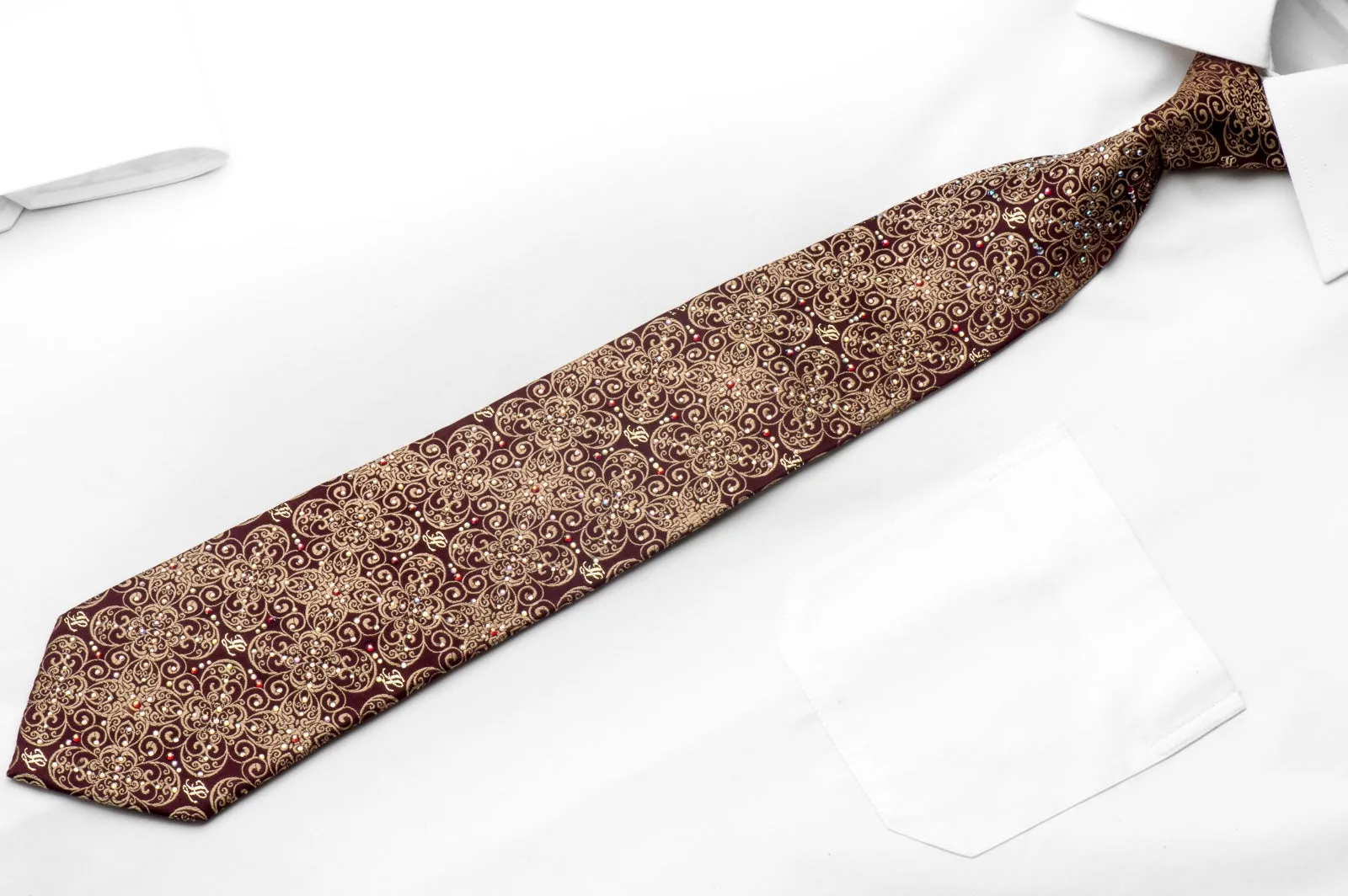 Men's Silk Tie Golden Filigree On Burgundy Sparkling With Rhinestones