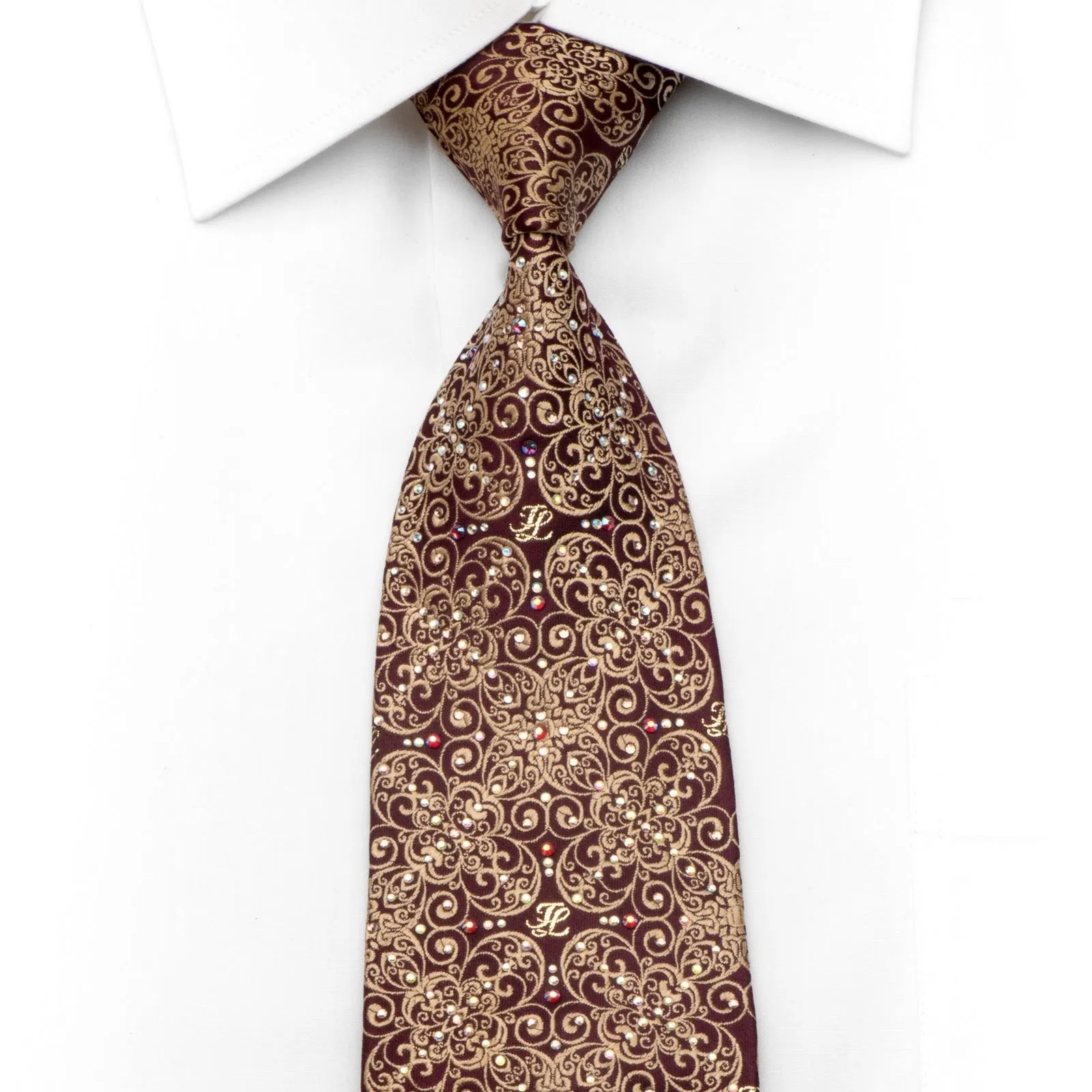 Men's Silk Tie Golden Filigree On Burgundy Sparkling With Rhinestones