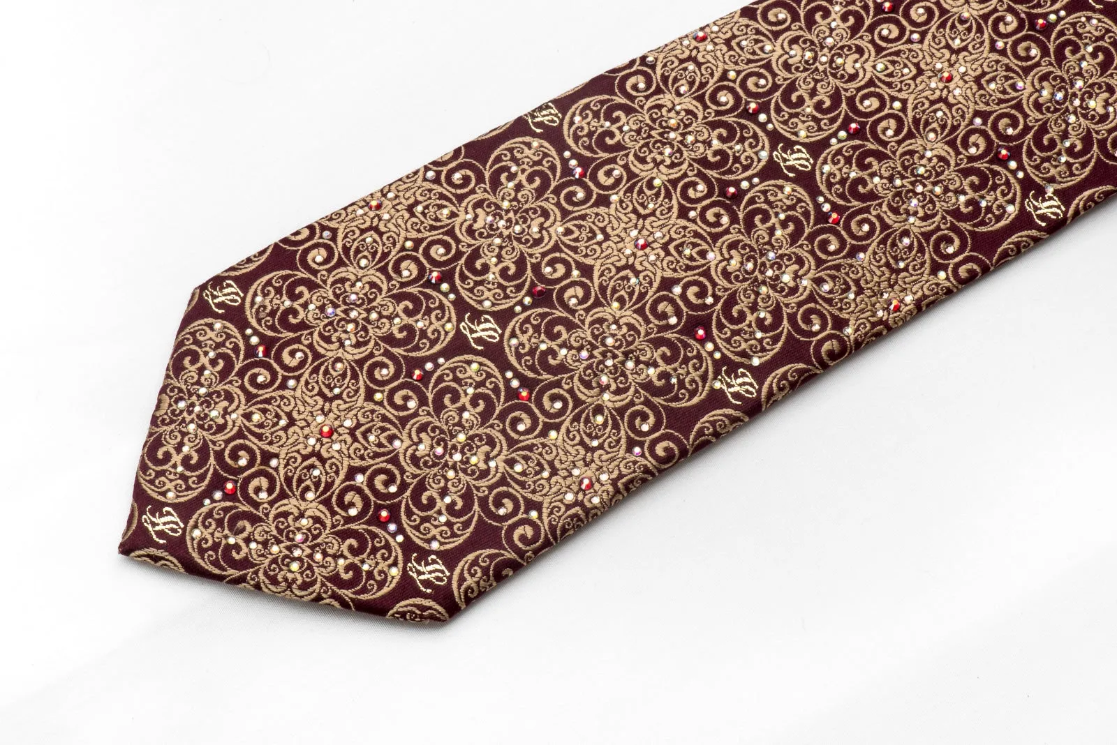 Men's Silk Tie Golden Filigree On Burgundy Sparkling With Rhinestones