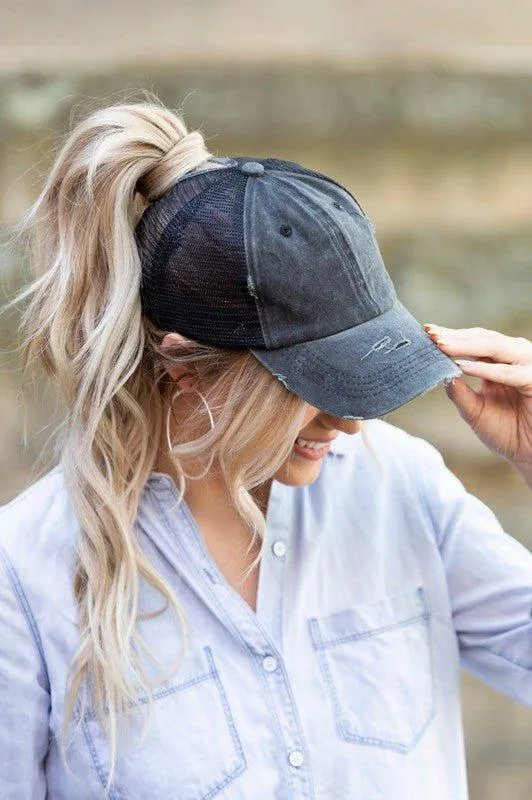 Messy Bun Distressed Cap