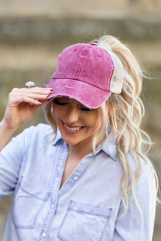 Messy Bun Distressed Cap