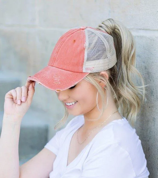 Messy Bun Distressed Cap