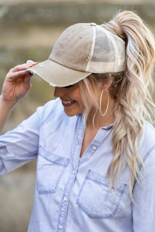 Messy Bun Distressed Cap